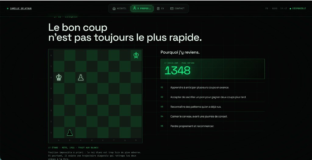 Capture d’un portfolio / CV en ligne : interface dark tech noire et accents vert néon